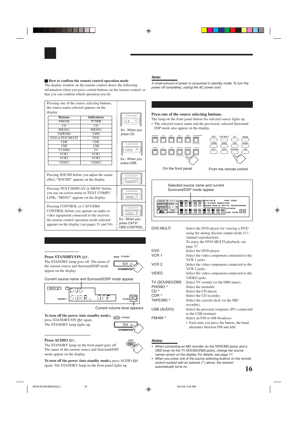 Basic operations, Turning on the power, Selecting the source to play | Before using the remote control, Press standby/on, Press audio, Press one of the source selecting buttons, On the front panel | JVC RX-8020VBK User Manual | Page 19 / 64