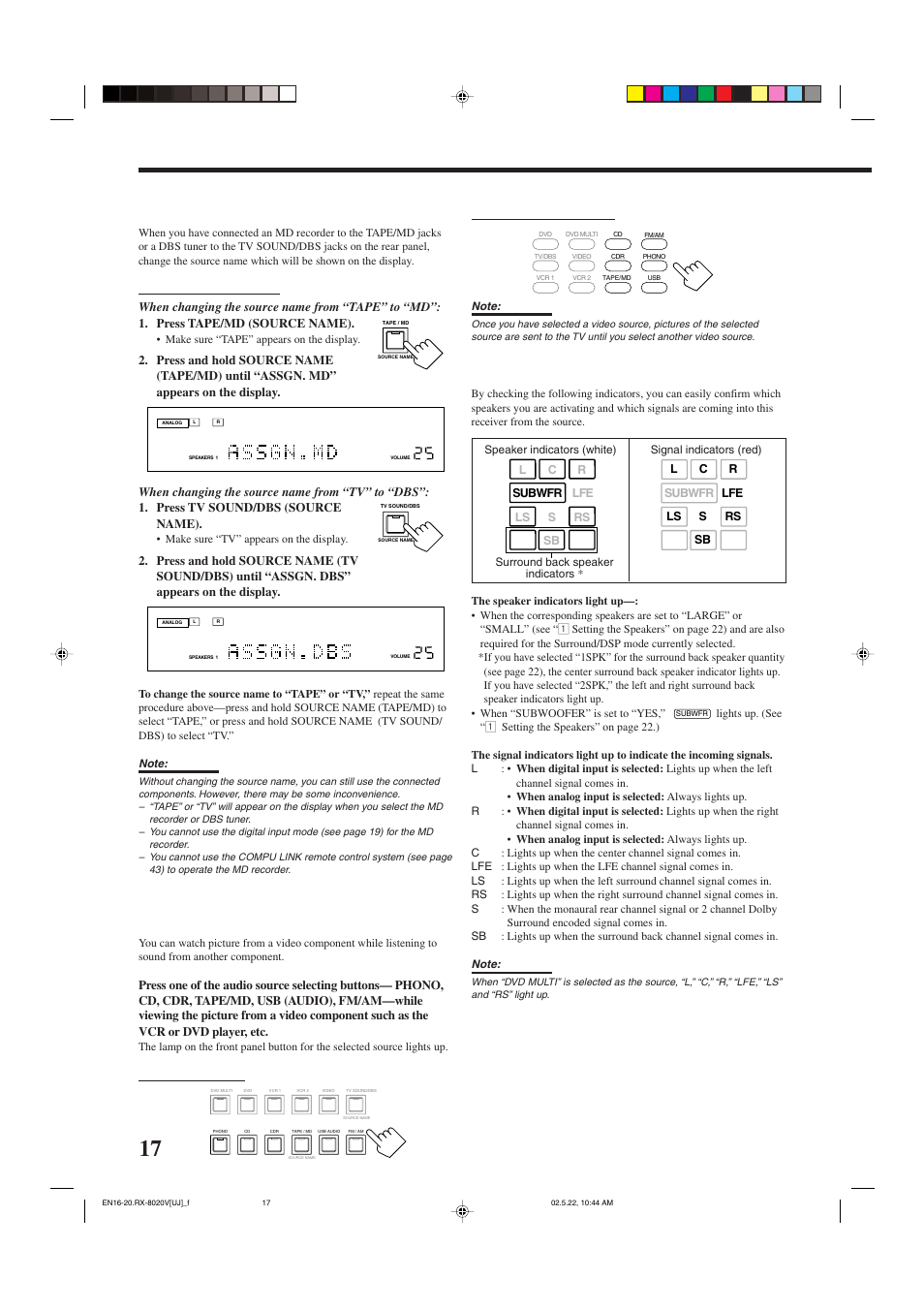 Changing the source name, Selecting different sources for picture and sound, Speaker and signal indicators on the display | JVC RX-8020VBK User Manual | Page 20 / 64