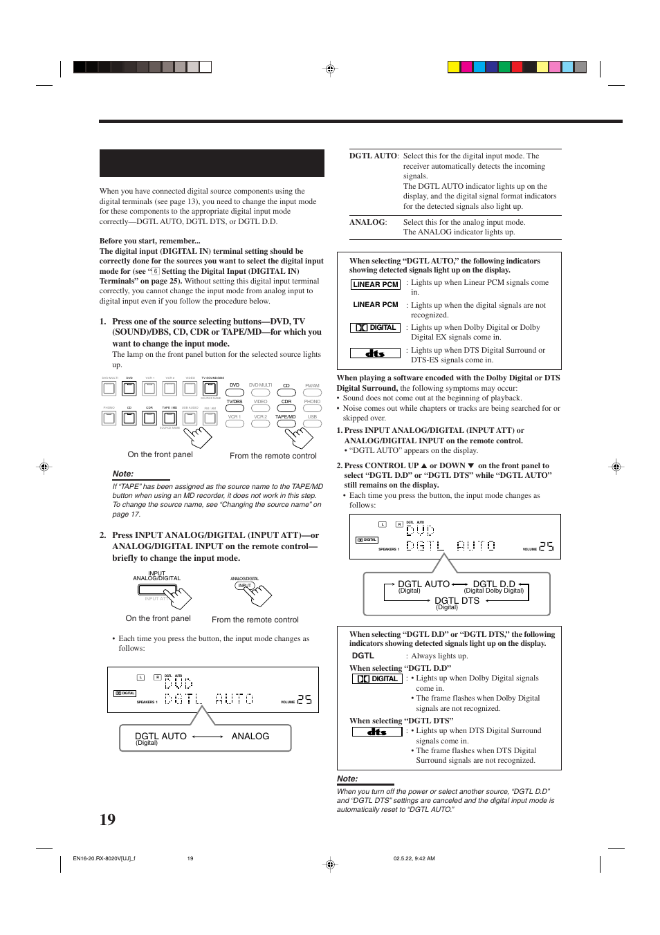 Selecting the analog or digital input mode, Dgtl auto dgtl d.d dgtl dts, Analog dgtl auto | JVC RX-8020VBK User Manual | Page 22 / 64