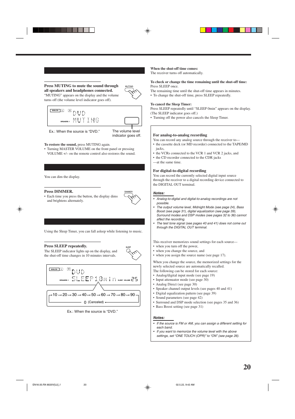 Muting the sound, Changing the display brightness, Using the sleep timer | JVC RX-8020VBK User Manual | Page 23 / 64