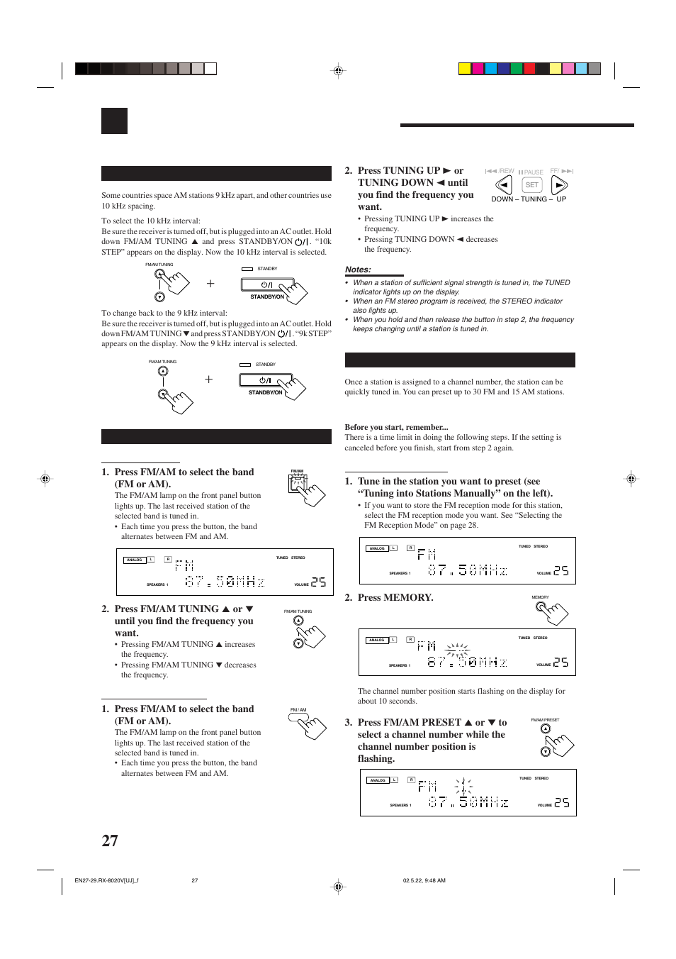 Receiging radio broadcasts, Receiving radio broadcasts, Setting the am tuner interval spacing | Tuning into stations manually, Press fm/am to select the band (fm or am), Using preset tuning | JVC RX-8020VBK User Manual | Page 30 / 64