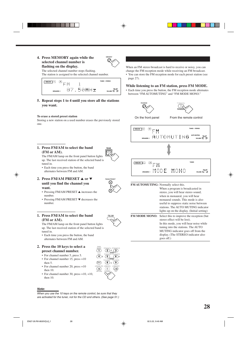 Selecting the fm reception mode, While listening to an fm station, press fm mode, Press fm/am to select the band (fm or am) | JVC RX-8020VBK User Manual | Page 31 / 64