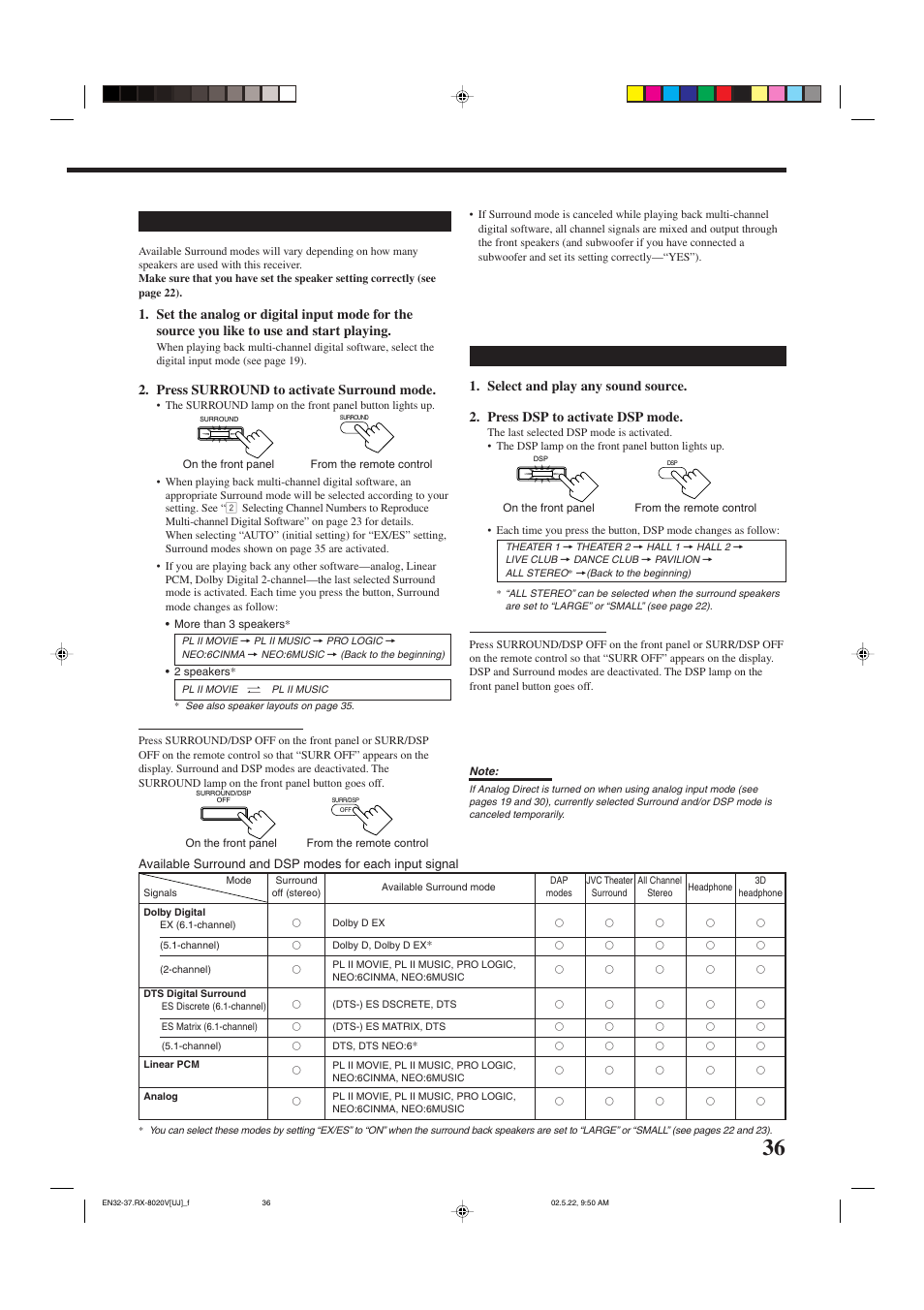 Activating the surround modes, Press surround to activate surround mode | JVC RX-8020VBK User Manual | Page 39 / 64