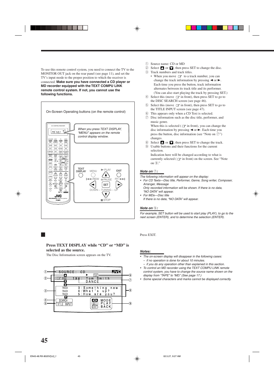 Operations, Showing the disc information on the tv screen, Press exit | JVC RX-8020VBK User Manual | Page 48 / 64