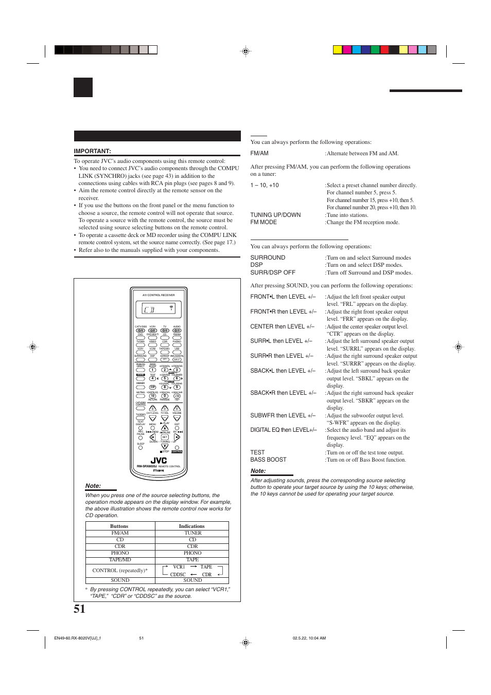 Operating jvc's audio/video components, Operating jvc’s audio/video components, Operating audio components | Tuner | JVC RX-8020VBK User Manual | Page 54 / 64