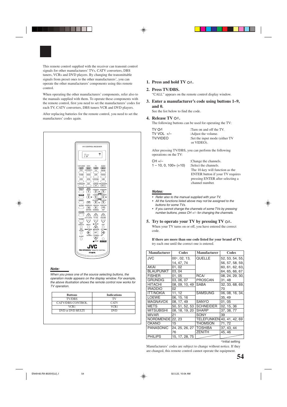 Operation other maunfacturers' video equipment, Operating other manufacturers’ video equipment, Press and hold tv . 2. press tv/dbs | Release tv, Try to operate your tv by pressing tv | JVC RX-8020VBK User Manual | Page 57 / 64