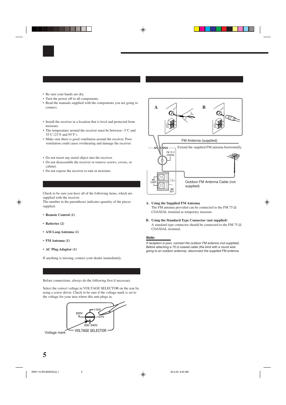 Getting started, Before installation, Checking the supplied accessories | Setting the voltage selector, Connecting the fm and am antennas, General precautions, Locations, Handling the receiver, Fm antenna connections | JVC RX-8020VBK User Manual | Page 8 / 64