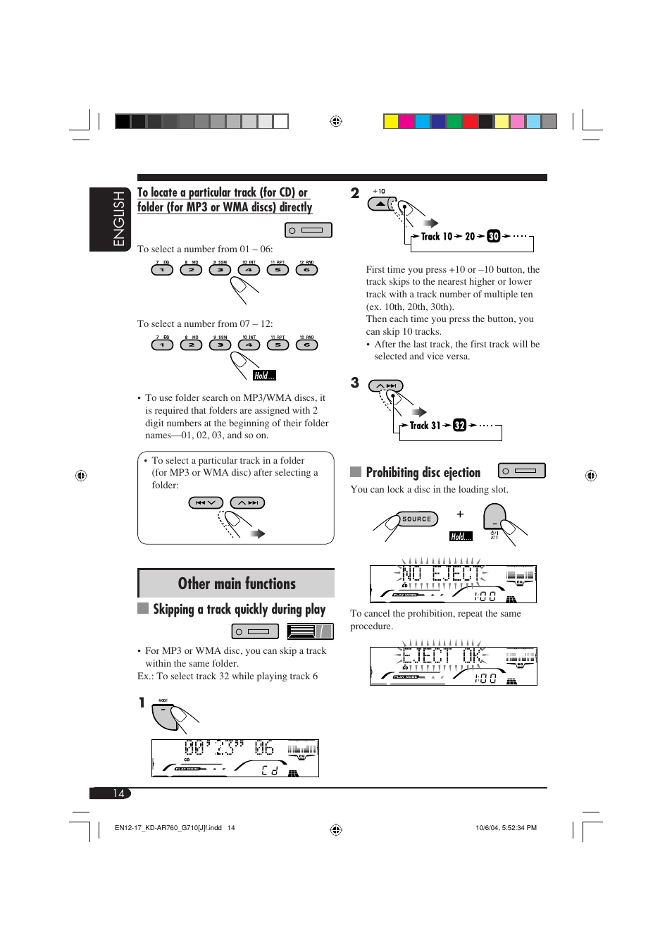 Other main functions, English, Skipping a track quickly during play | Prohibiting disc ejection | JVC KD-G710 User Manual | Page 14 / 40