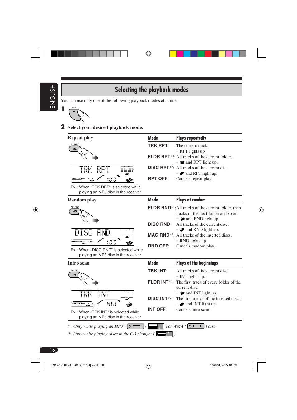 Selecting the playback modes, English | JVC KD-G710 User Manual | Page 16 / 40