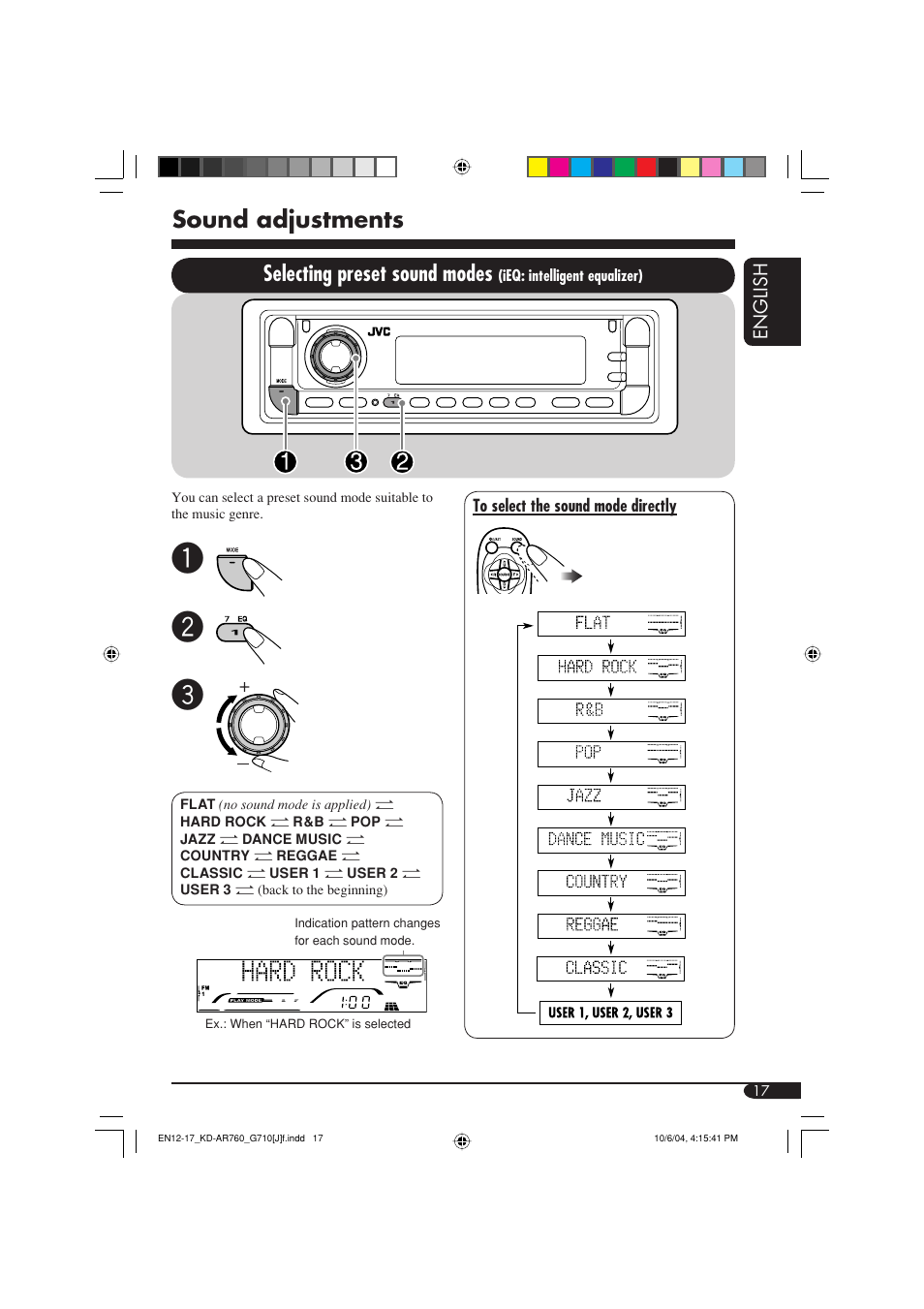 Sound adjustments, Selecting preset sound modes | JVC KD-G710 User Manual | Page 17 / 40