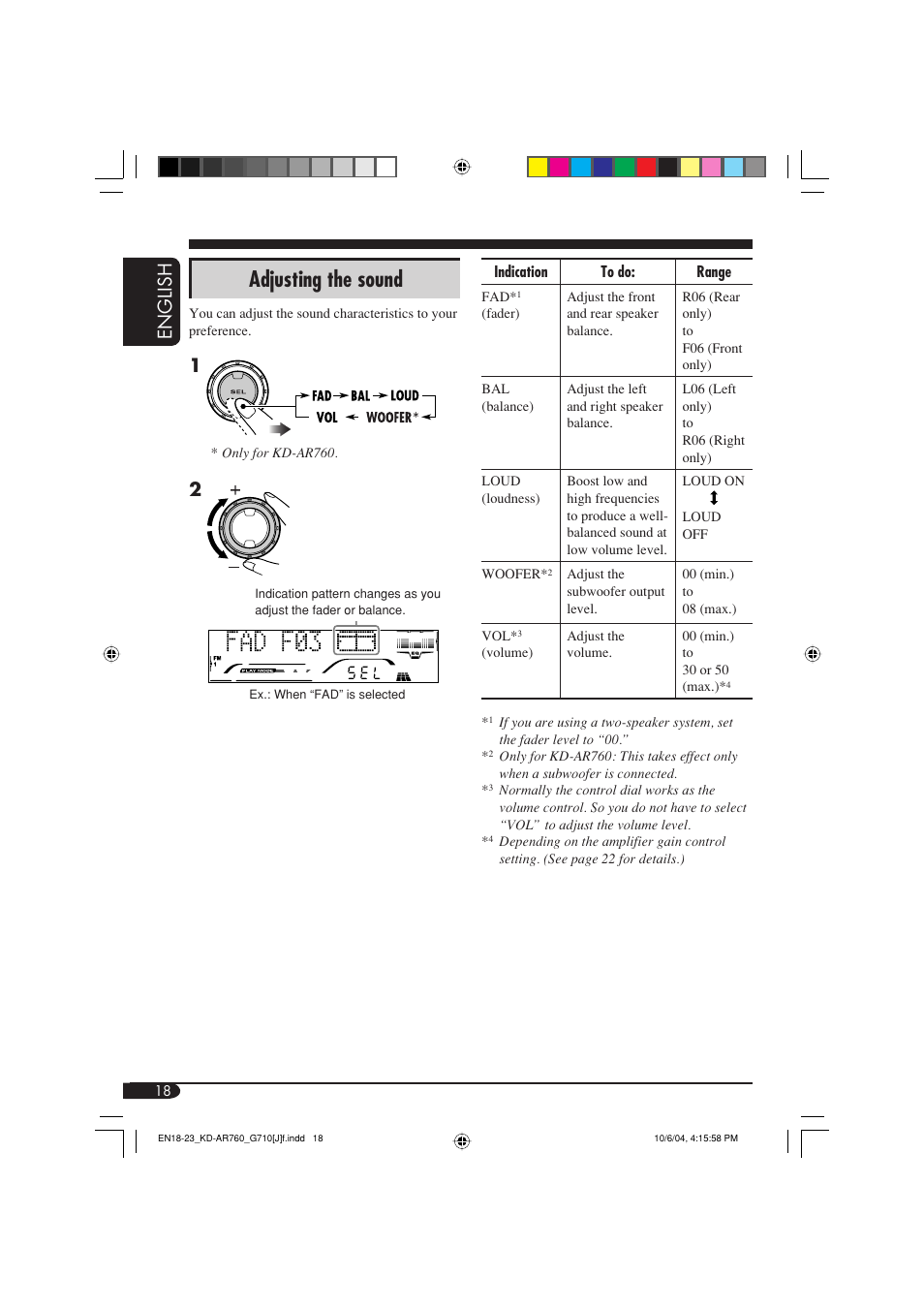 Adjusting the sound, English | JVC KD-G710 User Manual | Page 18 / 40