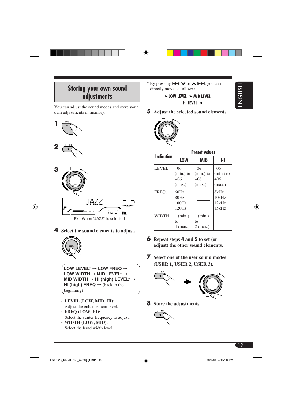 Storing your own sound adjustments, English | JVC KD-G710 User Manual | Page 19 / 40