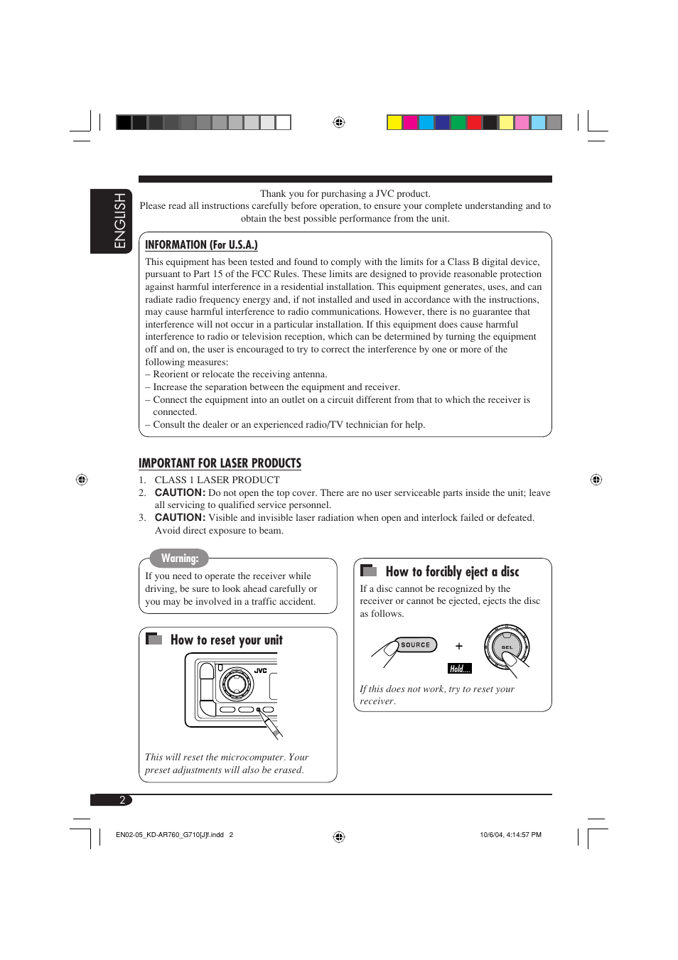 Important for laser products, English how to forcibly eject a disc, How to reset your unit | JVC KD-G710 User Manual | Page 2 / 40