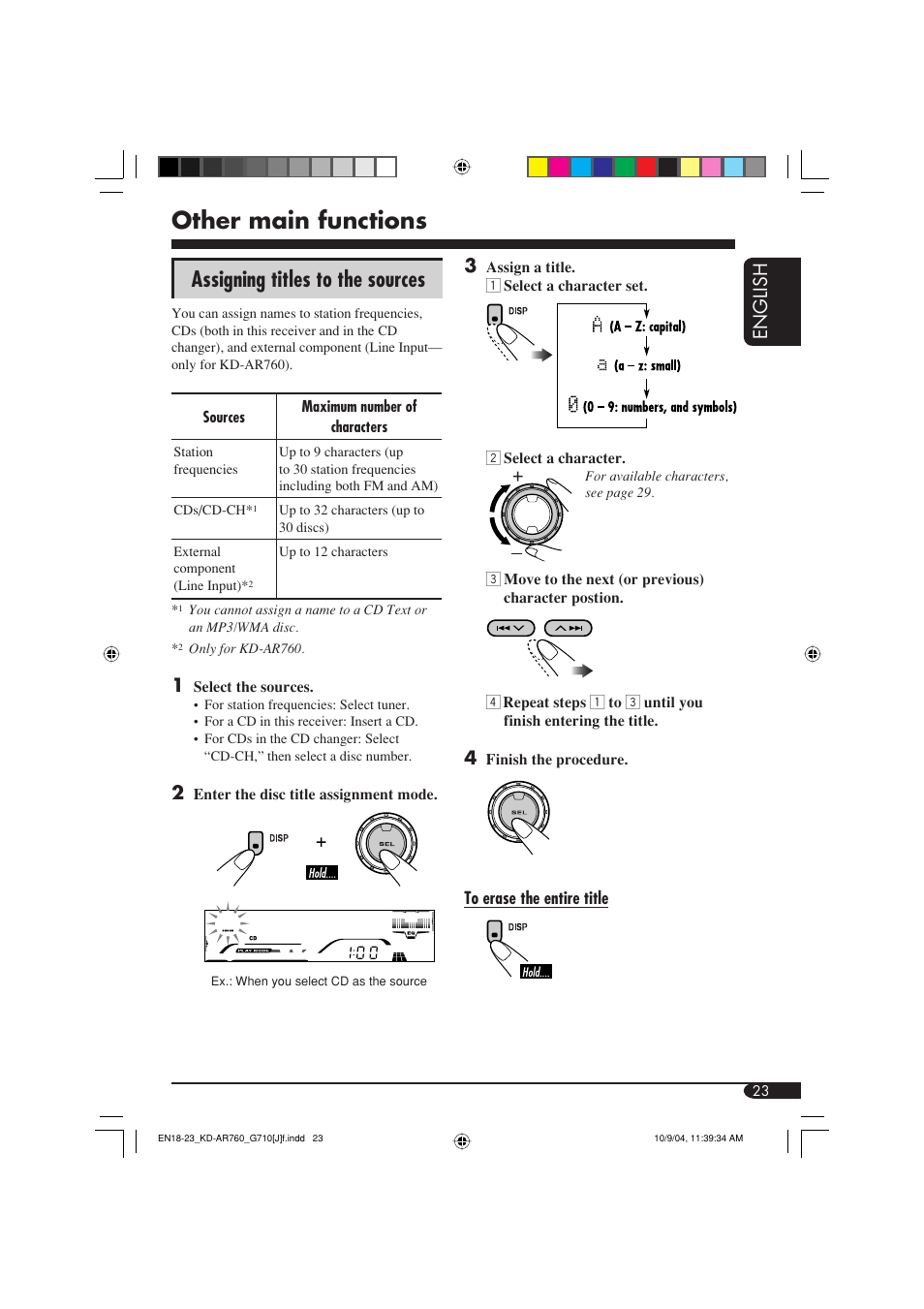 Other main functions, Assigning titles to the sources, English | JVC KD-G710 User Manual | Page 23 / 40