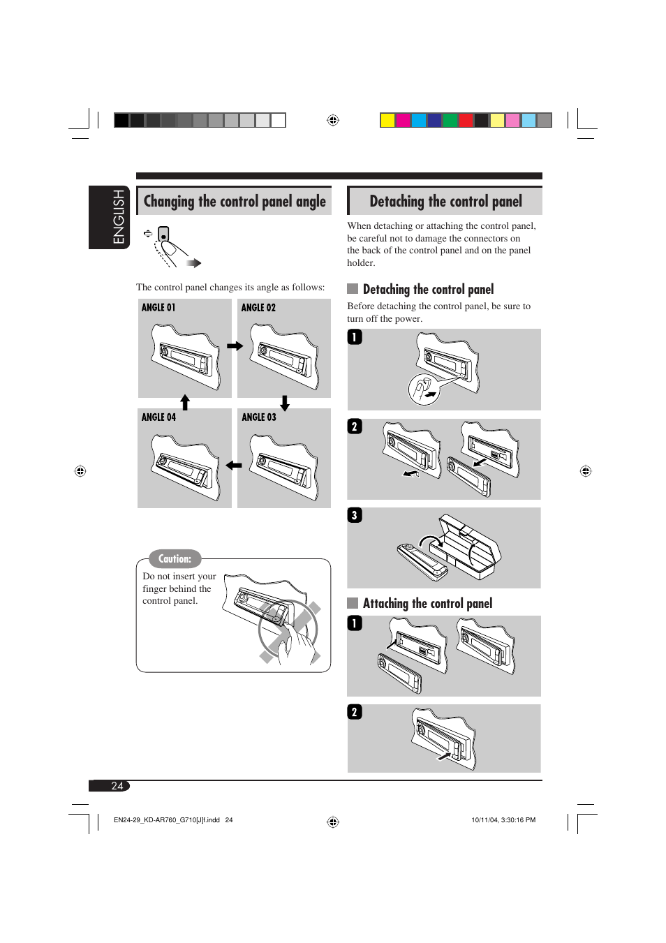 Detaching the control panel, Changing the control panel angle | JVC KD-G710 User Manual | Page 24 / 40