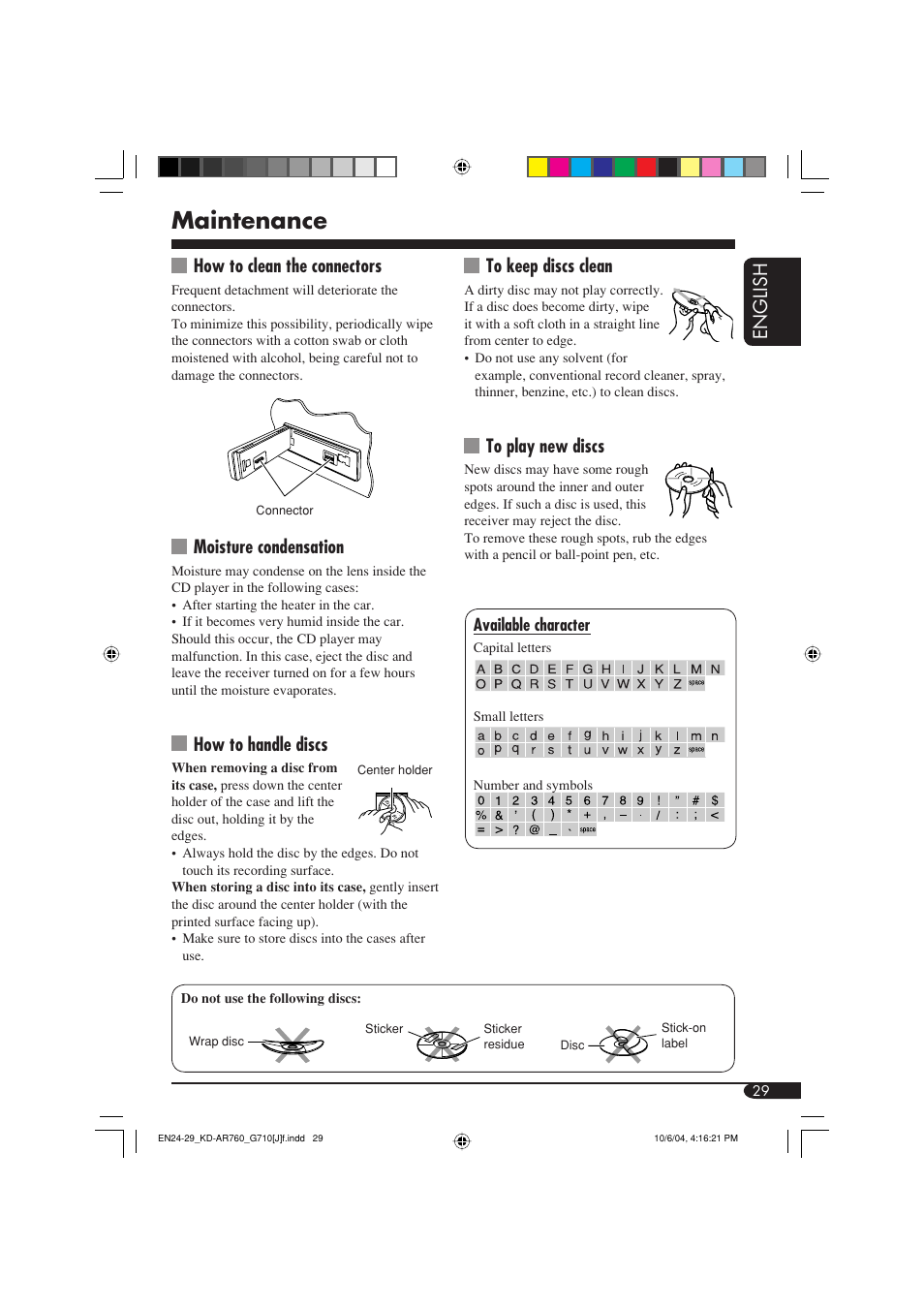 Maintenance, English, How to clean the connectors | Moisture condensation, How to handle discs | JVC KD-G710 User Manual | Page 29 / 40