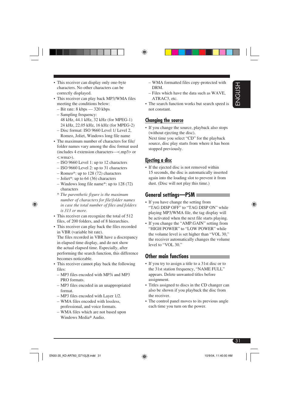 English, General settings—psm, Other main functions | JVC KD-G710 User Manual | Page 31 / 40