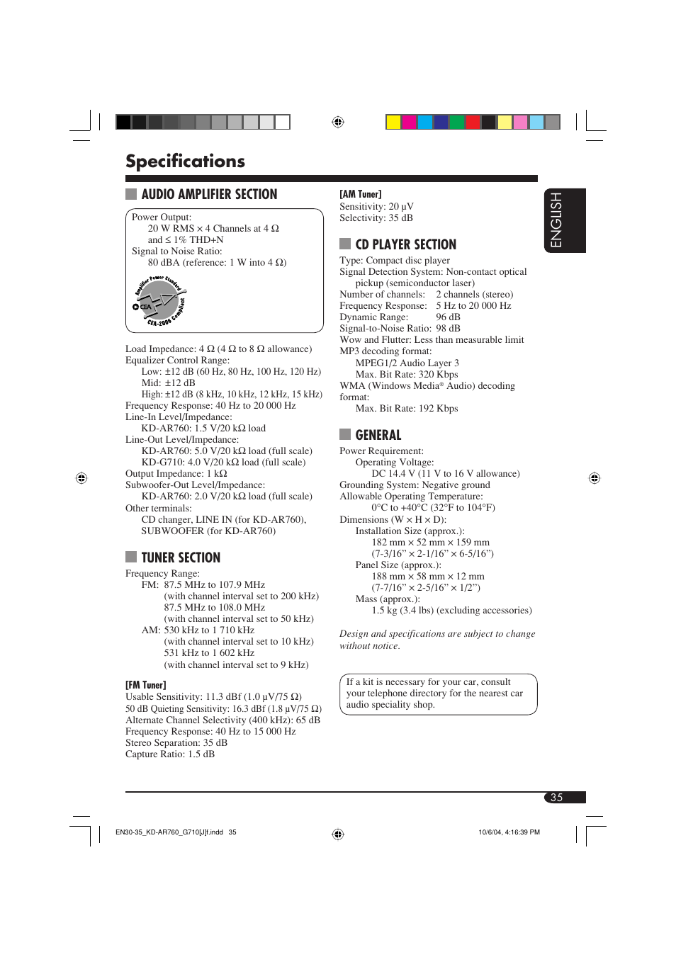 Specifications, English, General | JVC KD-G710 User Manual | Page 35 / 40