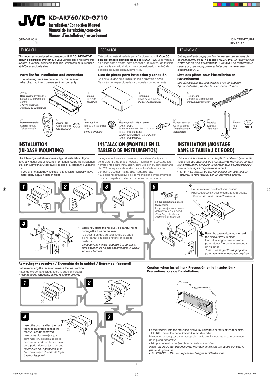 Installation/connection manual, Installation, Installation (in-dash mounting) | Installation (montage dans le tableau de bord), English, Español, Français | JVC KD-G710 User Manual | Page 37 / 40