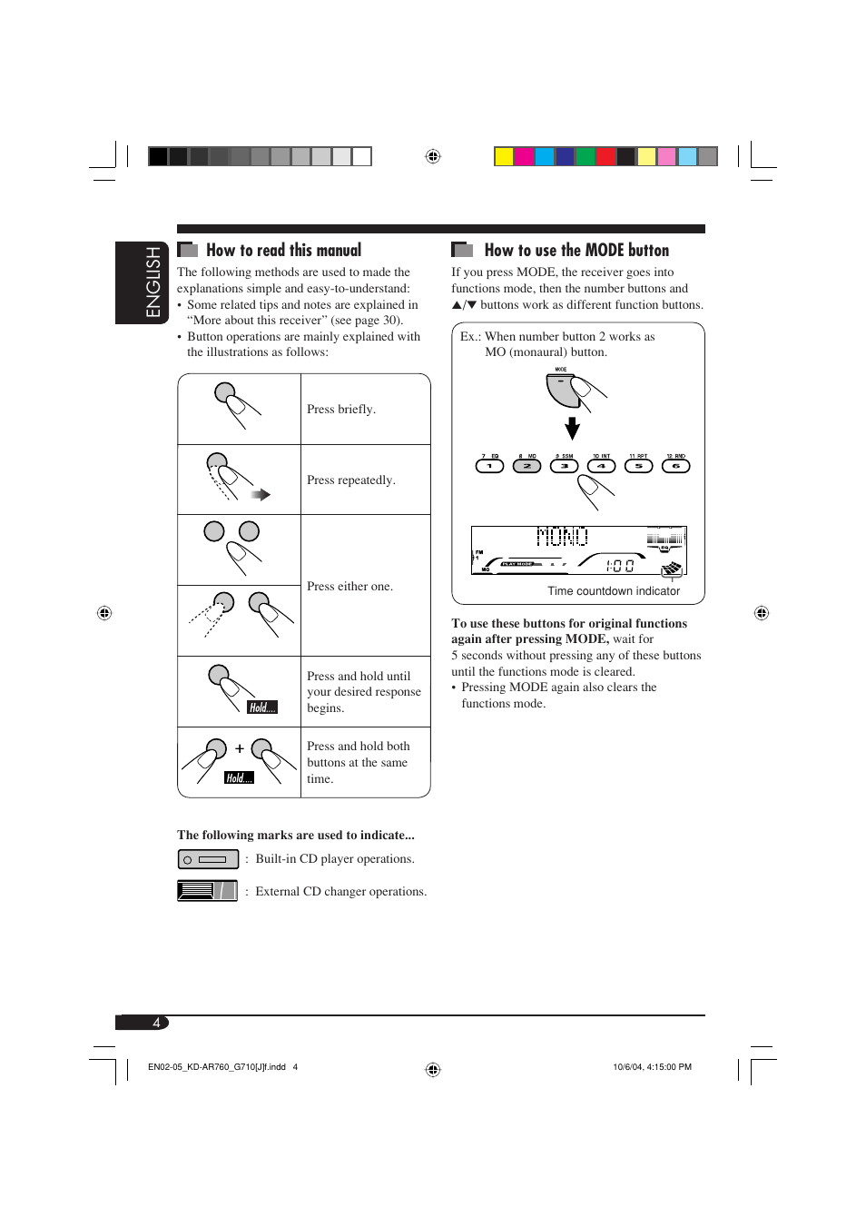 English how to read this manual, How to use the mode button | JVC KD-G710 User Manual | Page 4 / 40