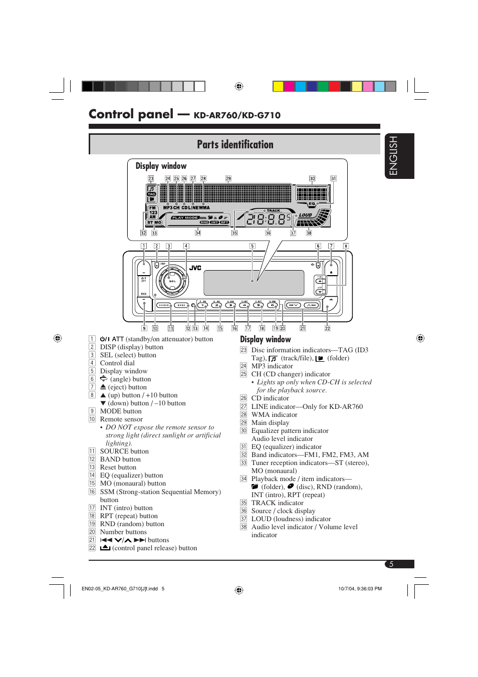 Control panel, Parts identification, English | JVC KD-G710 User Manual | Page 5 / 40