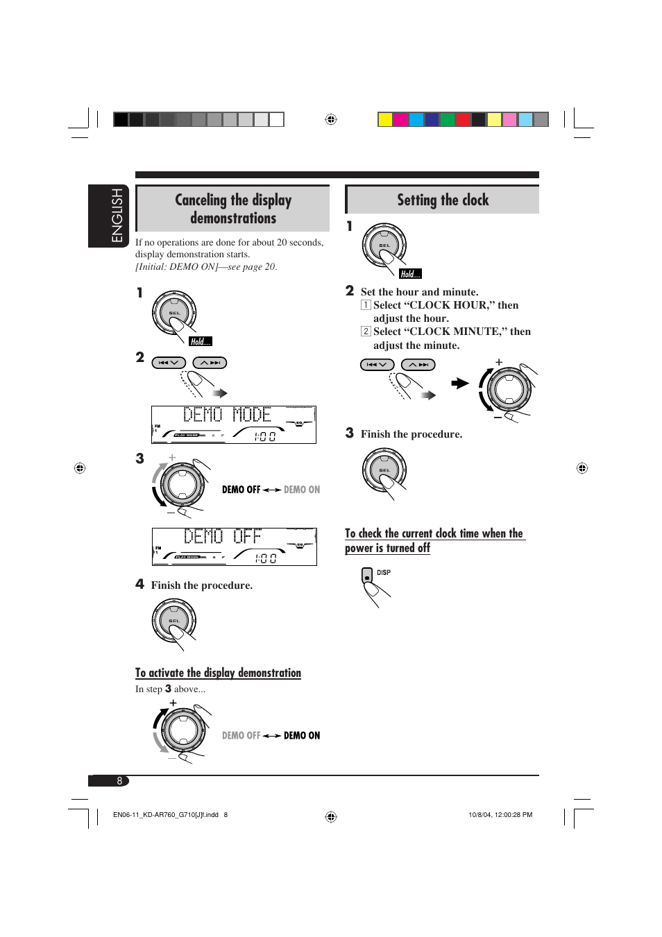 Canceling the display demonstrations, Setting the clock | JVC KD-G710 User Manual | Page 8 / 40