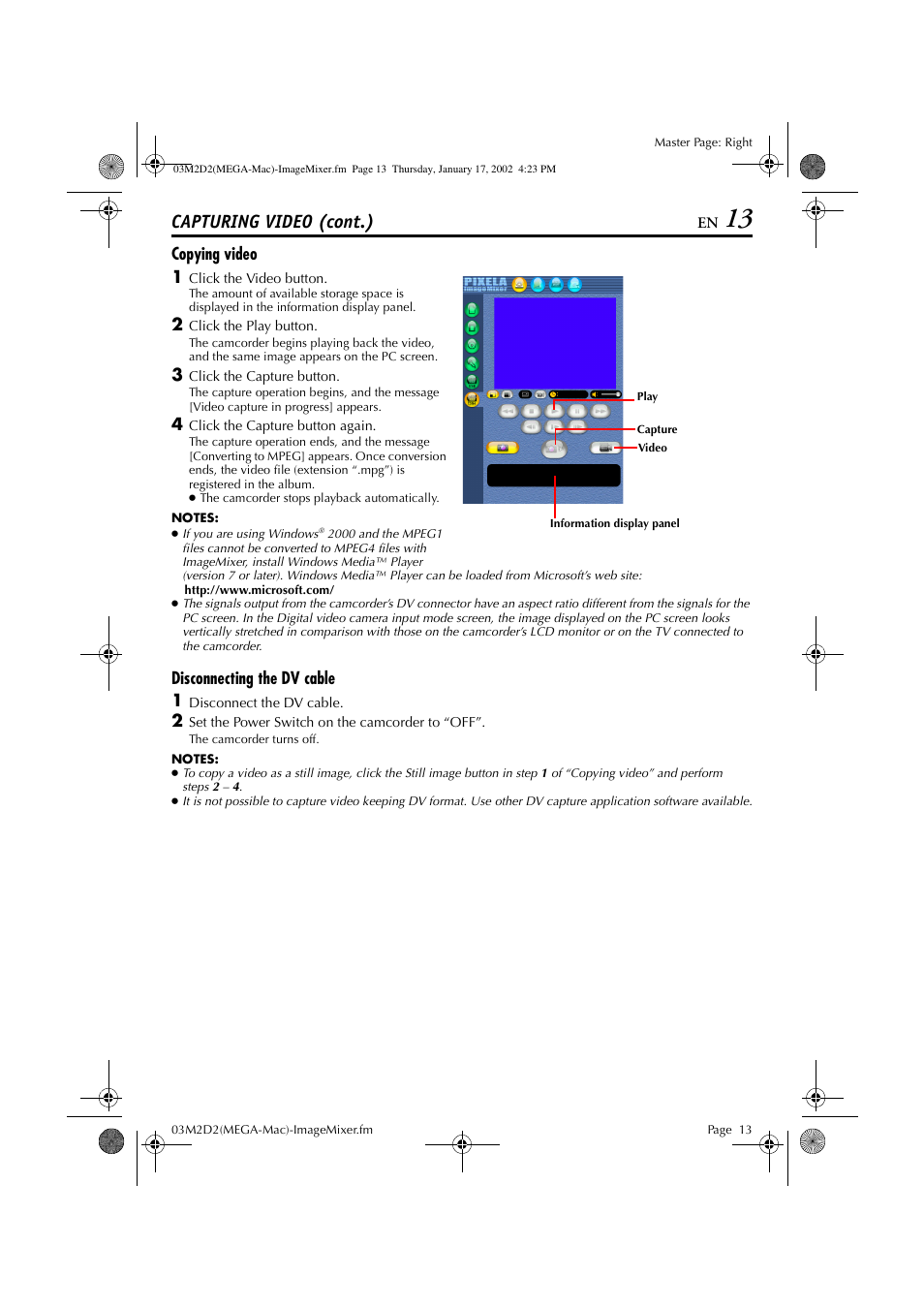 Copying video, Disconnecting the dv cable, Capturing video (cont.) | JVC LYT1015 User Manual | Page 13 / 22