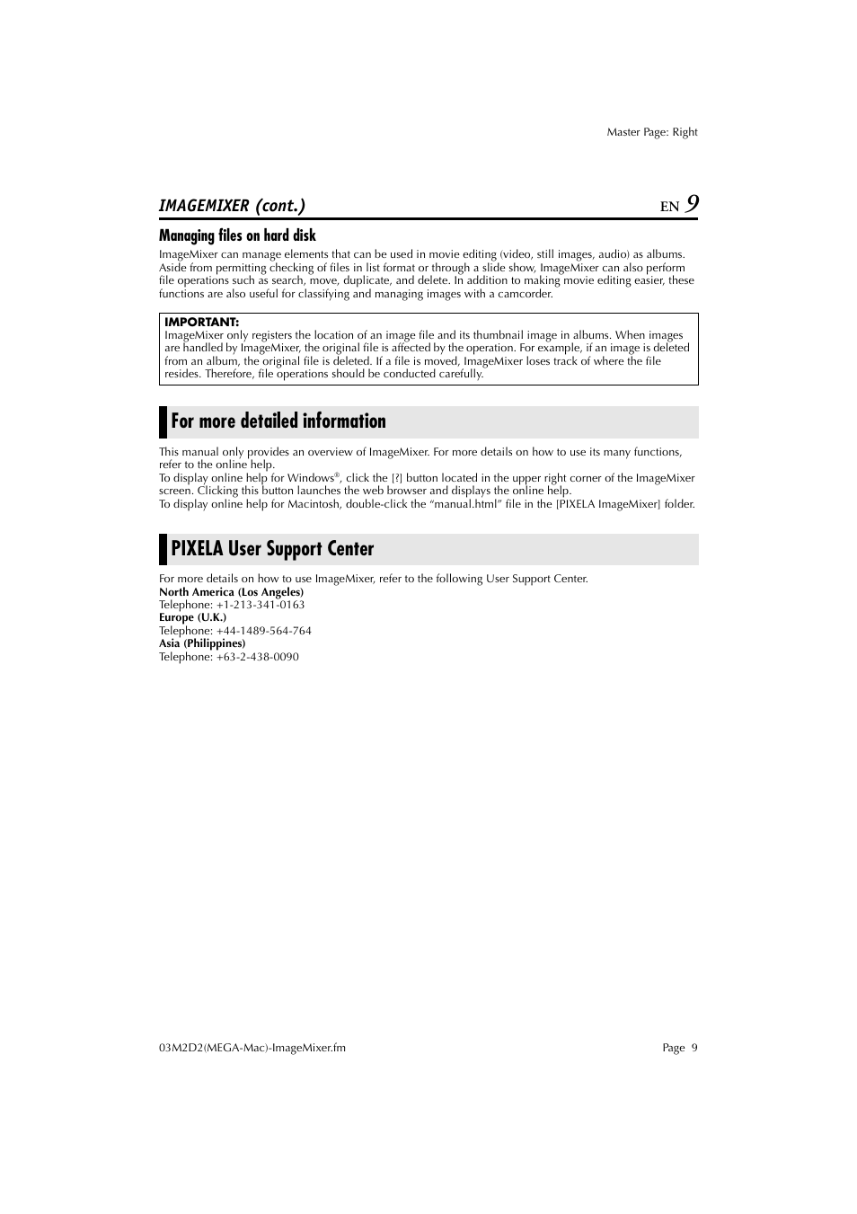 Managing files on hard disk, For more detailed information, Pixela user support center | Imagemixer (cont.) | JVC LYT1015 User Manual | Page 9 / 22