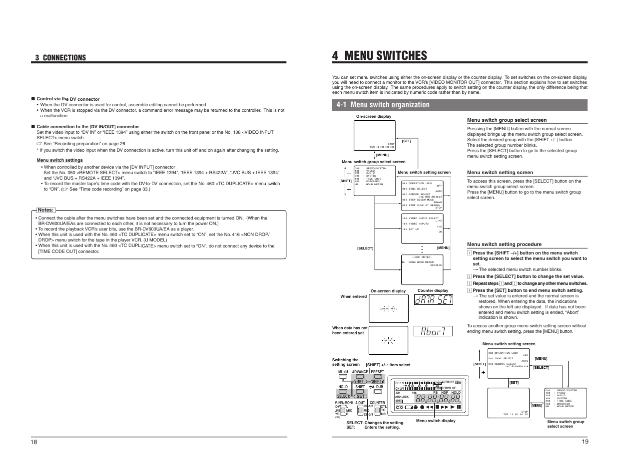 4 menu switches, 3 connections, 1 menu switch organization | JVC BR-DV600UA User Manual | Page 11 / 26