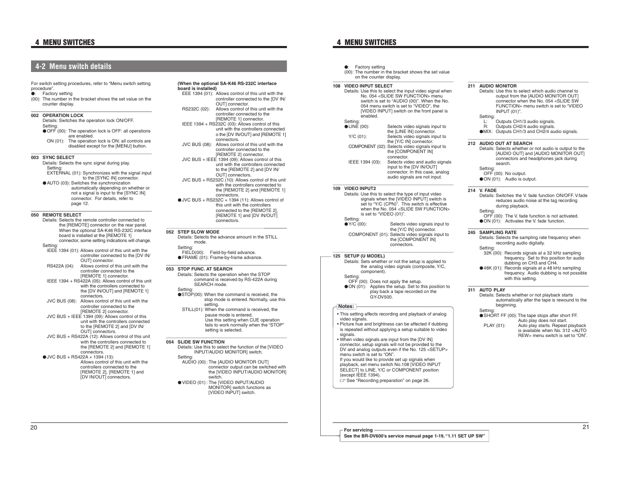 4 menu switches 4-2 menu switch details, 4 menu switches | JVC BR-DV600UA User Manual | Page 12 / 26
