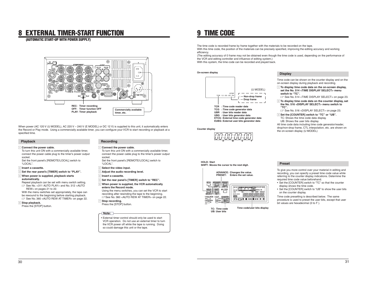 8 external timer-start function, 9 time code, Automatic start-up with power supply) | JVC BR-DV600UA User Manual | Page 17 / 26