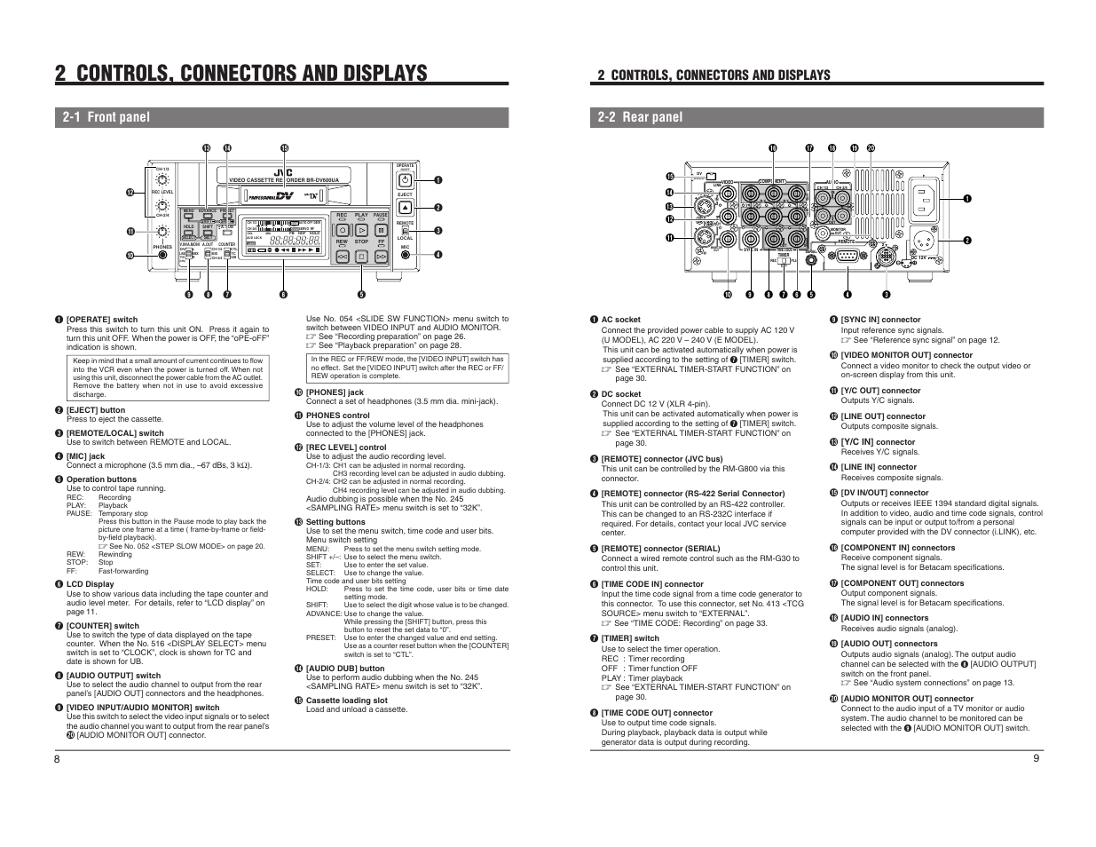 2 controls, connectors and displays, 1 front panel, 2 rear panel 2 controls, connectors and displays | JVC BR-DV600UA User Manual | Page 6 / 26