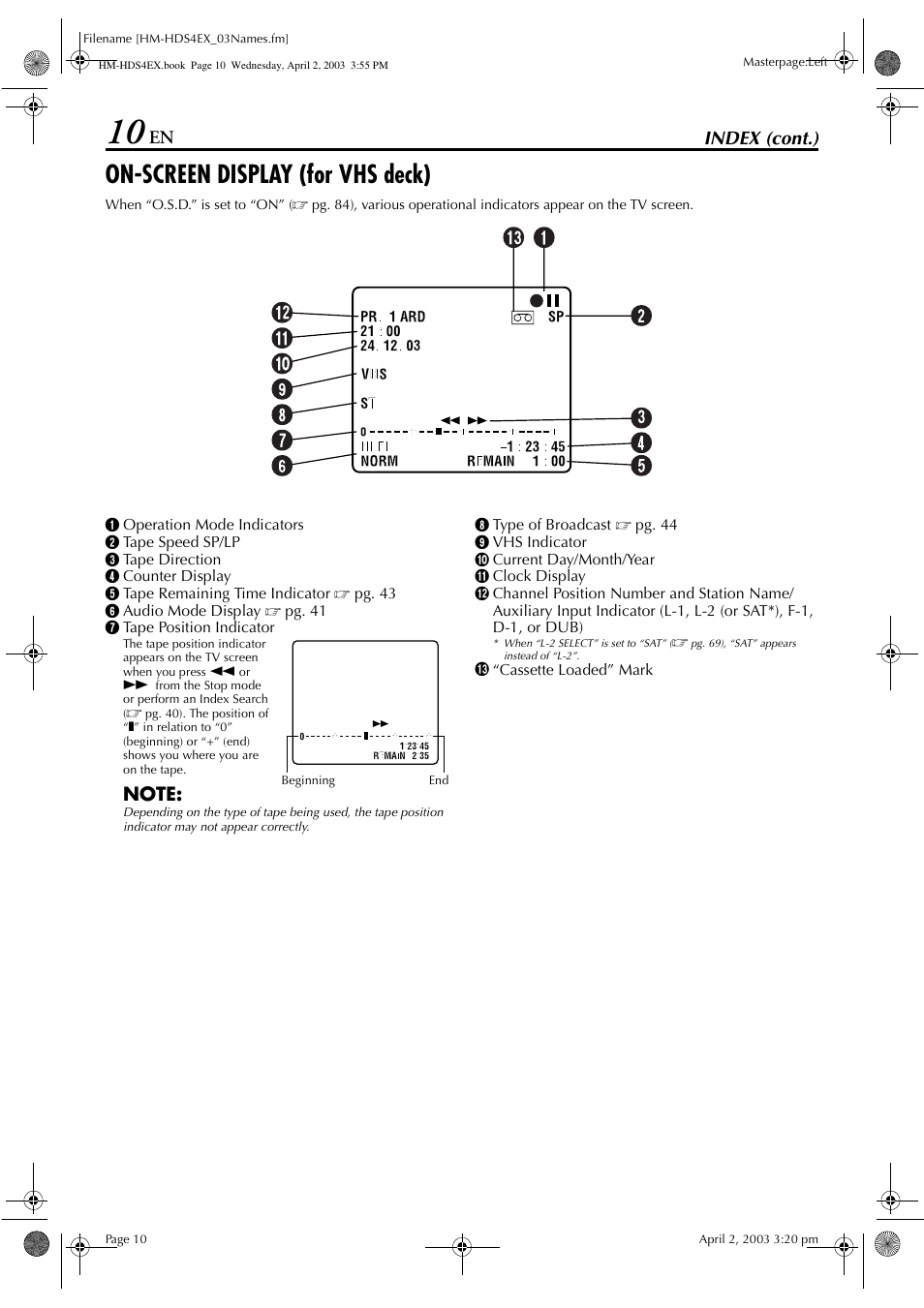 On-screen display (for vhs deck), Index (cont.) | JVC ENLPT0736-001B User Manual | Page 10 / 104