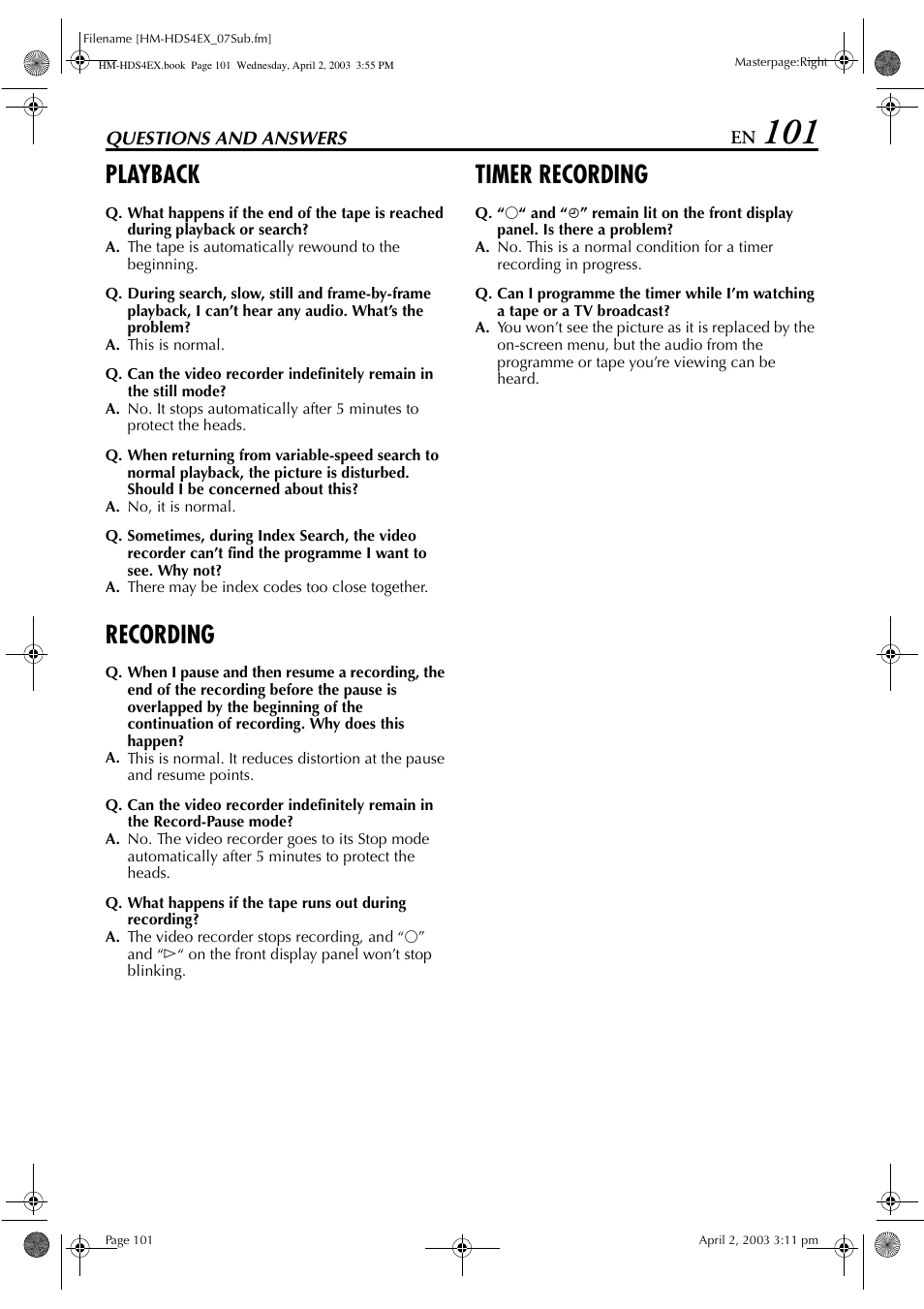 Questions and answers, Playback, Recording | Timer recording | JVC ENLPT0736-001B User Manual | Page 101 / 104