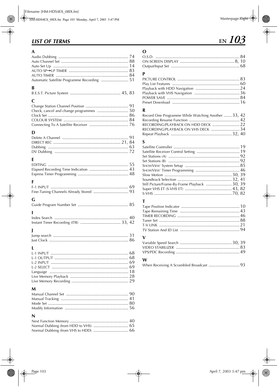 List of terms | JVC ENLPT0736-001B User Manual | Page 103 / 104