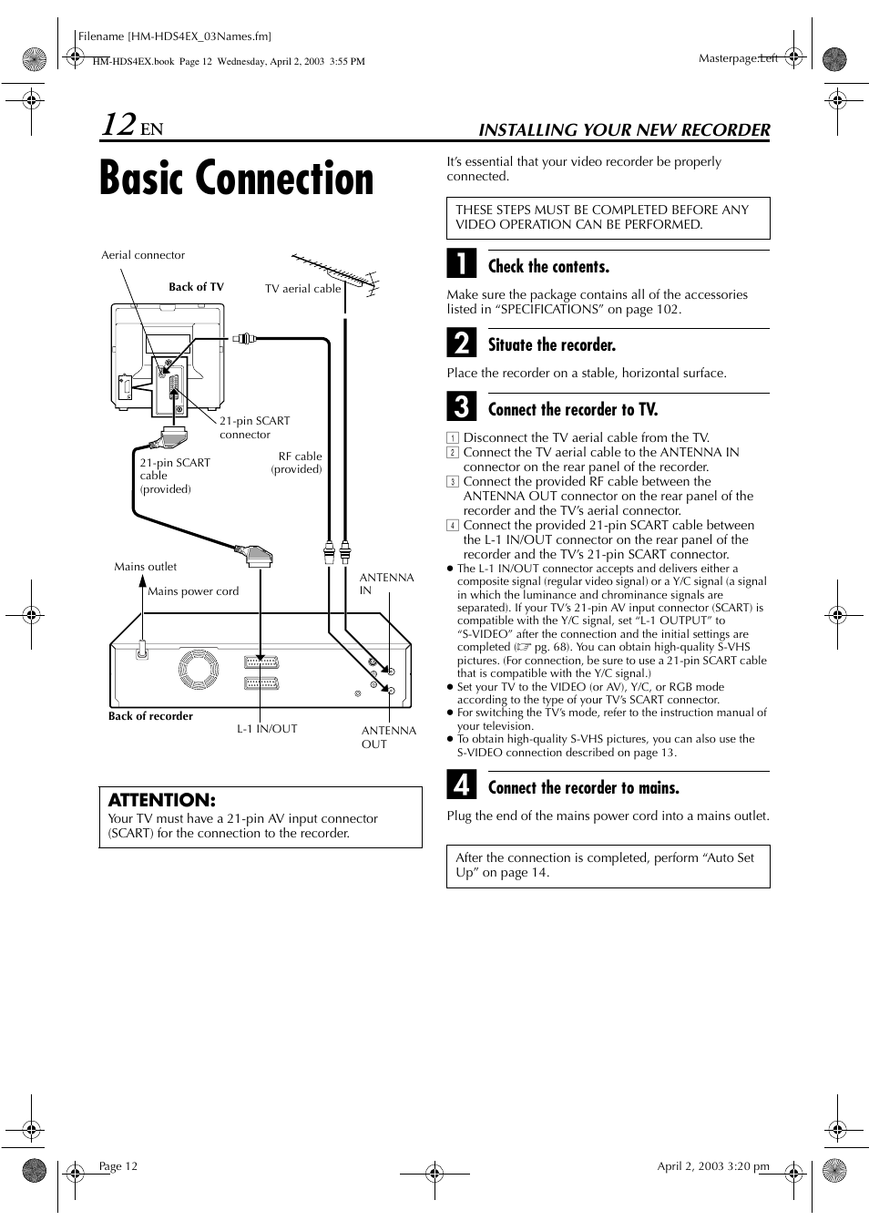 Installing your new recorder, Basic connection | JVC ENLPT0736-001B User Manual | Page 12 / 104