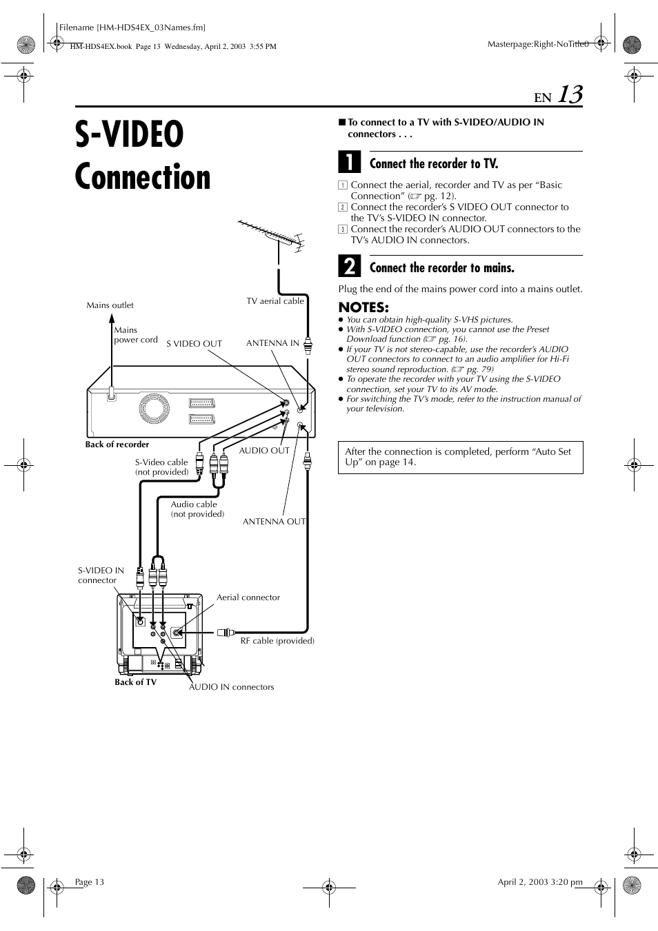 S-video connection, Connect the recorder to tv, Connect the recorder to mains | JVC ENLPT0736-001B User Manual | Page 13 / 104