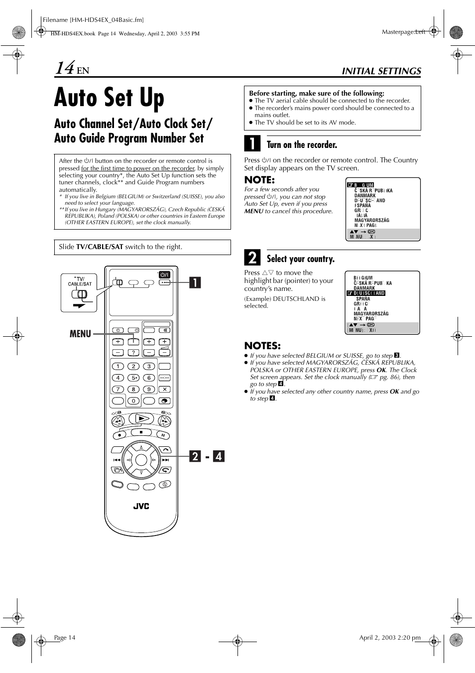 Initial settings, Auto set up | JVC ENLPT0736-001B User Manual | Page 14 / 104