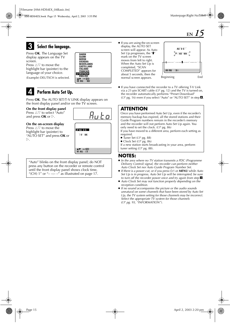 Select the language, Perform auto set up, Attention | JVC ENLPT0736-001B User Manual | Page 15 / 104