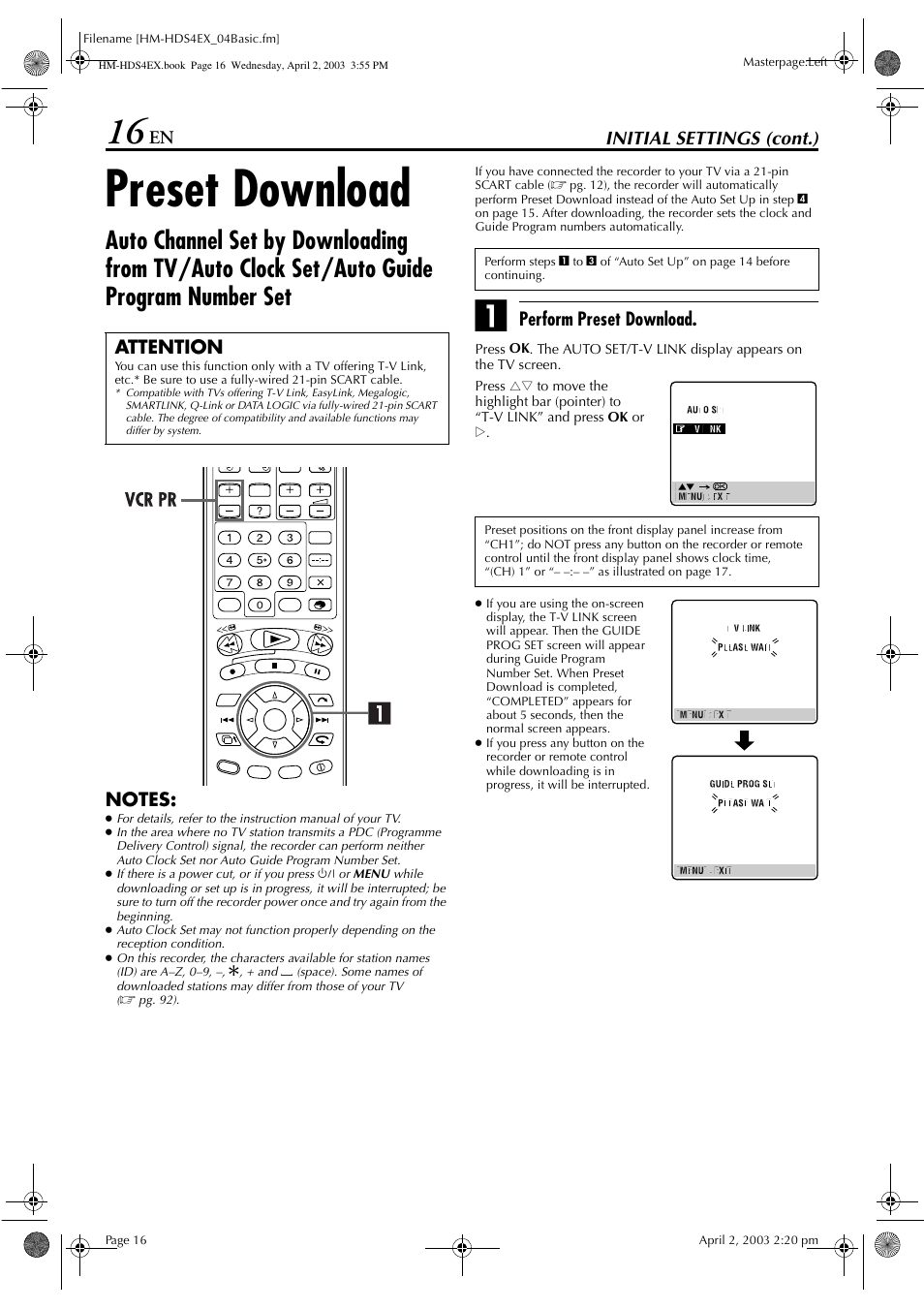 Preset download, Initial settings (cont.), Perform preset download | Attention | JVC ENLPT0736-001B User Manual | Page 16 / 104