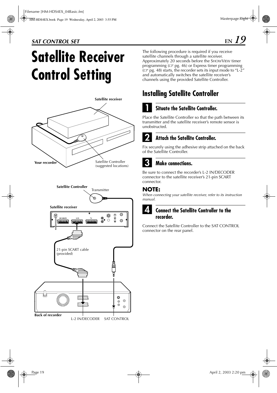 Sat control set, Satellite receiver control setting, Installing satellite controller | JVC ENLPT0736-001B User Manual | Page 19 / 104