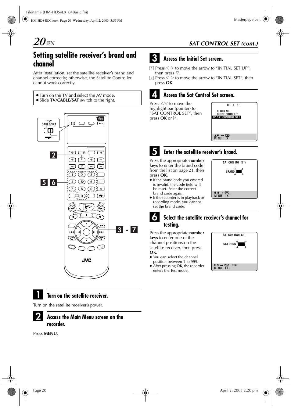 Setting satellite receiver’s brand and channel | JVC ENLPT0736-001B User Manual | Page 20 / 104