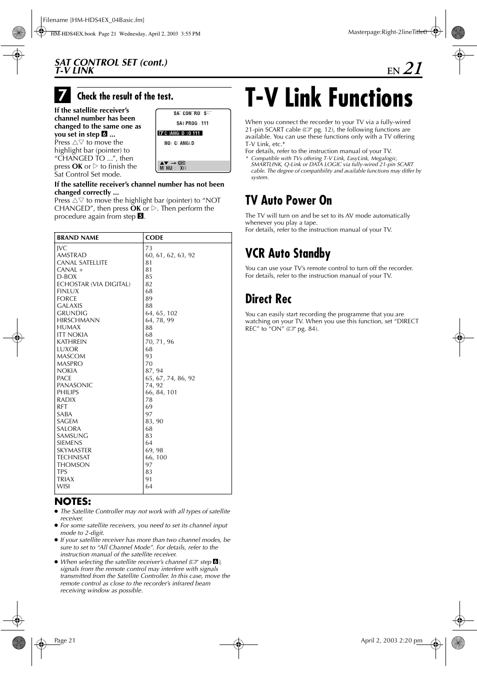 T-v link, T-v link functions, Tv auto power on | Vcr auto standby, Direct rec | JVC ENLPT0736-001B User Manual | Page 21 / 104