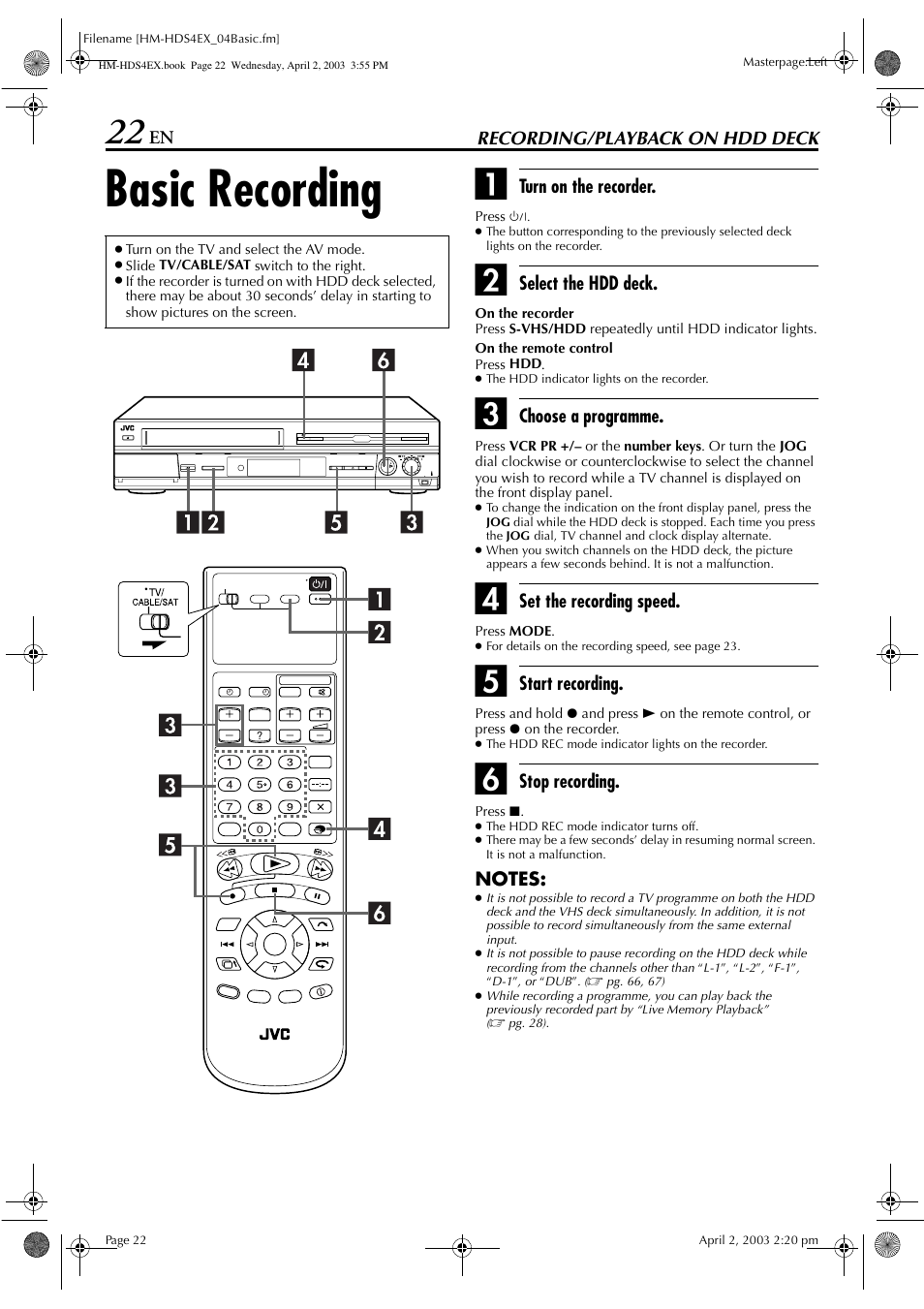 Recording/playback on hdd deck, Basic recording | JVC ENLPT0736-001B User Manual | Page 22 / 104