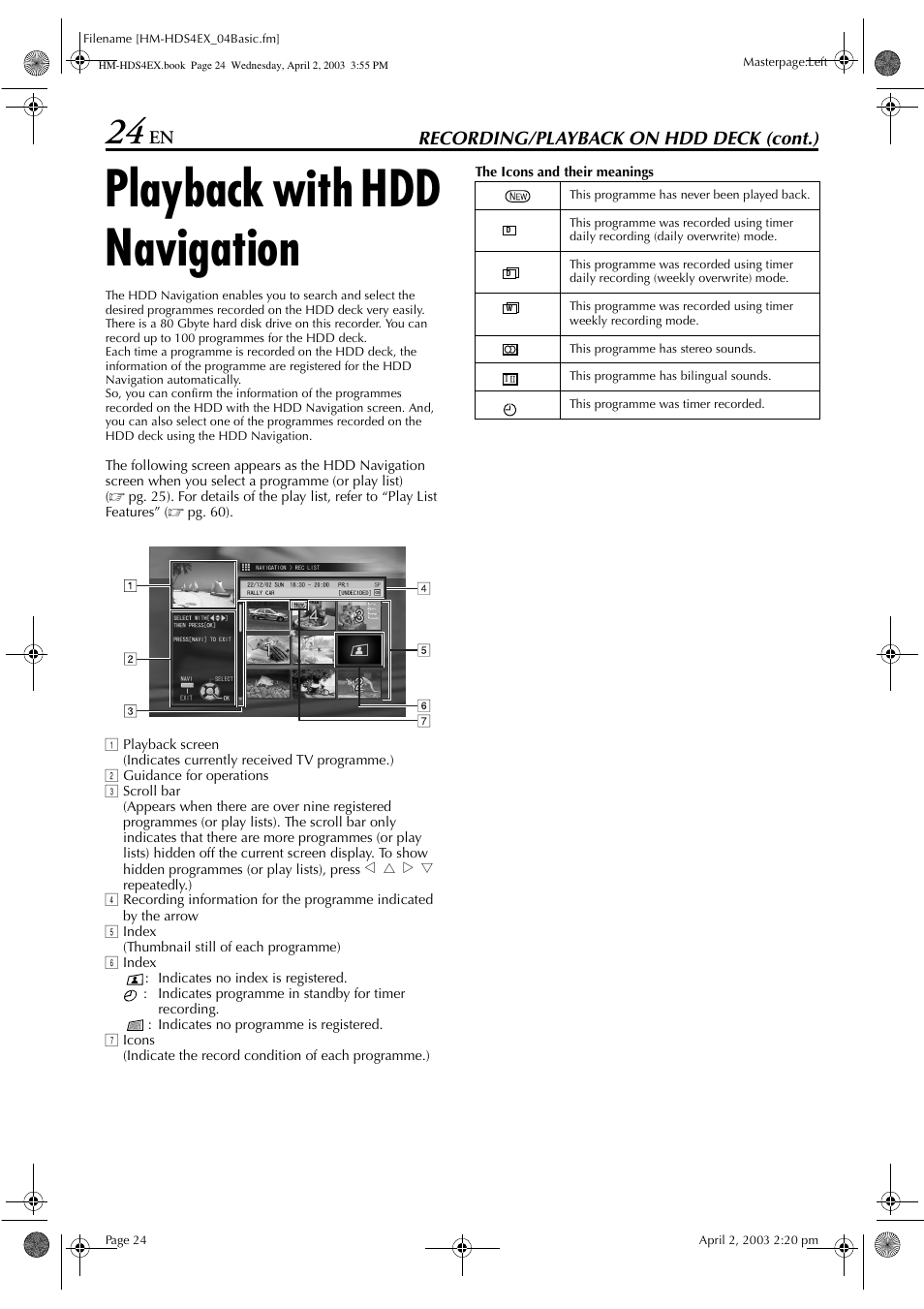 Playback with hdd navigation, Recording/playback on hdd deck (cont.) | JVC ENLPT0736-001B User Manual | Page 24 / 104