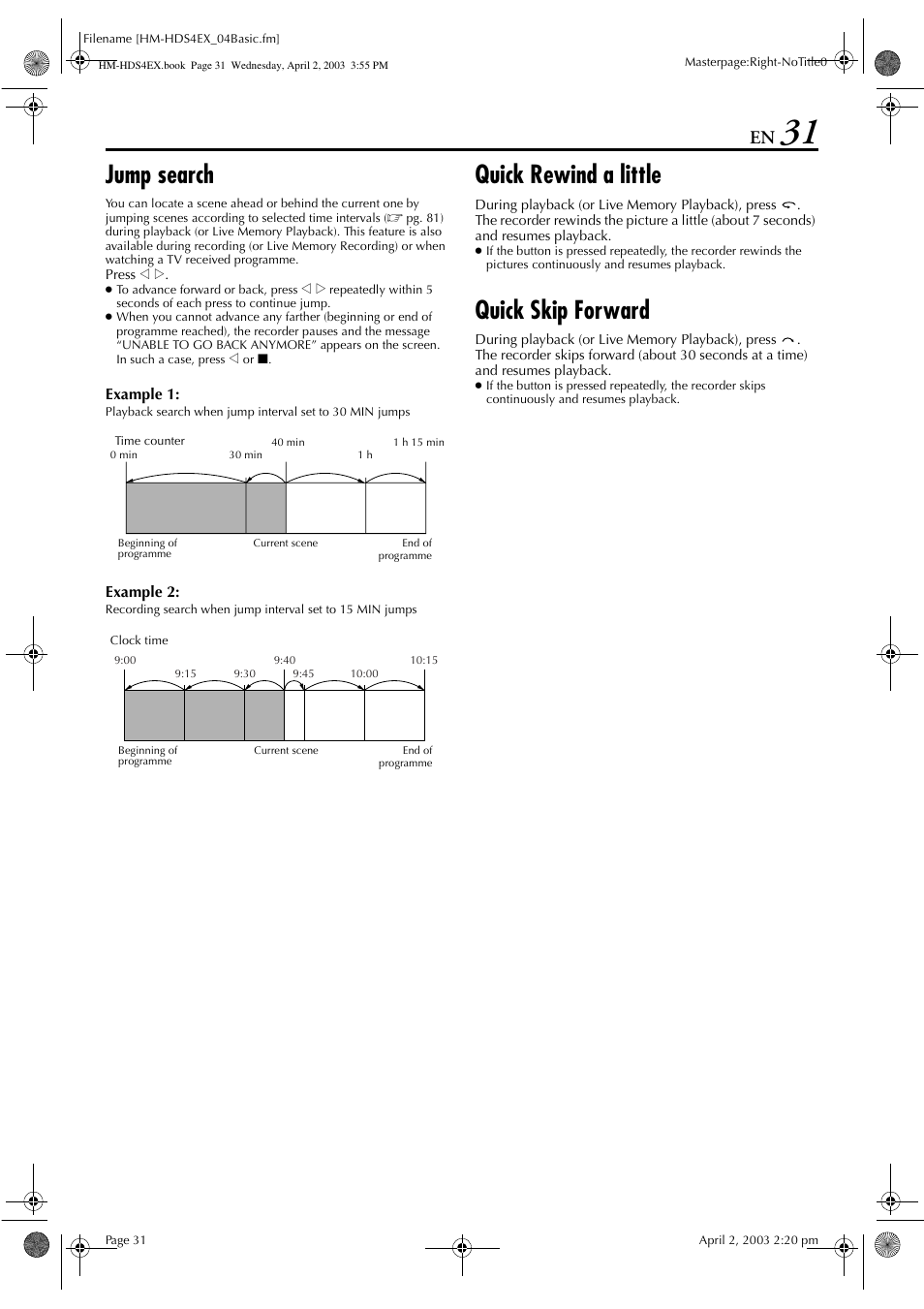 Jump search, Quick rewind a little, Quick skip forward | JVC ENLPT0736-001B User Manual | Page 31 / 104