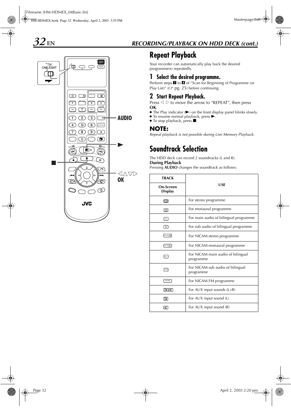 Repeat playback, Soundtrack selection, Recording/playback on hdd deck (cont.) | Select the desired programme, Start repeat playback | JVC ENLPT0736-001B User Manual | Page 32 / 104