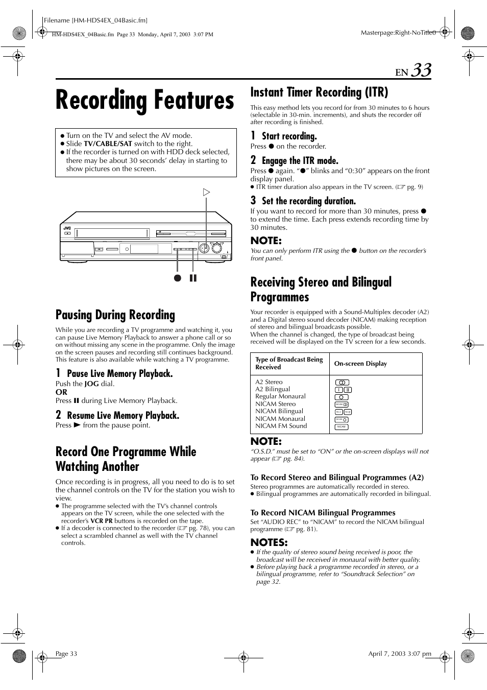 Recording features, Pausing during recording, Record one programme while watching another | Instant timer recording (itr), Receiving stereo and bilingual programmes, Start recording, Engage the itr mode, Set the recording duration | JVC ENLPT0736-001B User Manual | Page 33 / 104