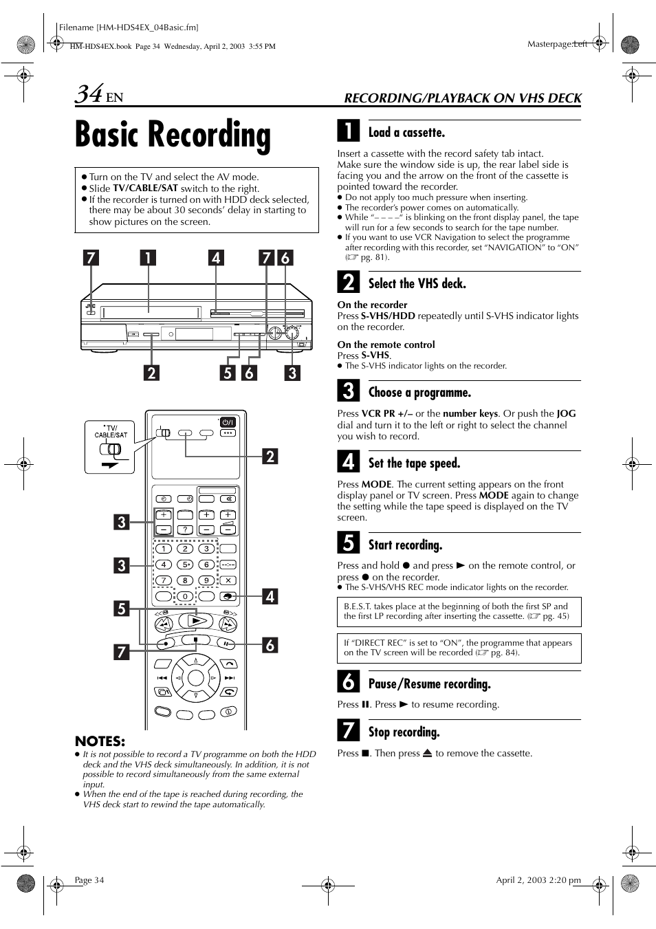 Recording/playback on vhs deck, Basic recording | JVC ENLPT0736-001B User Manual | Page 34 / 104