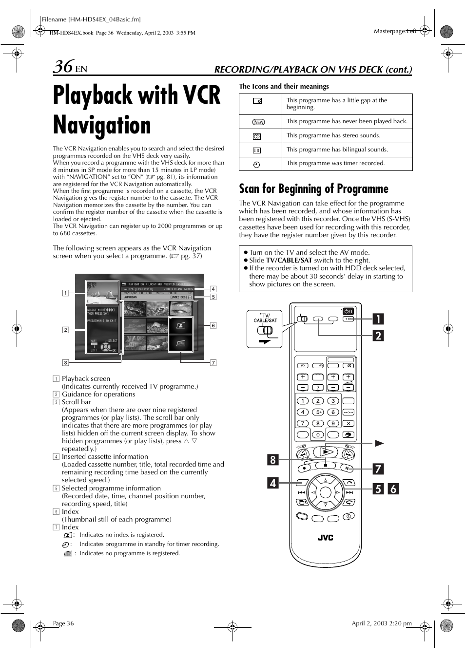 Playback with vcr navigation, Scan for beginning of programme, Recording/playback on vhs deck (cont.) | JVC ENLPT0736-001B User Manual | Page 36 / 104